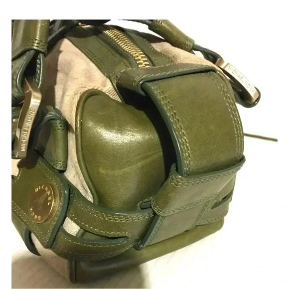 Michael Kors beige canvas/ green leather satchel handbag - Picture 7 of 10